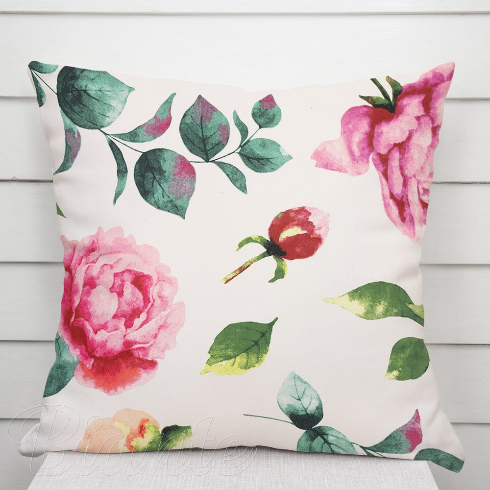 Bavlněný povlak na polštář Sandra SA-715 Velké růžovočervené pivoňky na smetanovém - Biante.cz