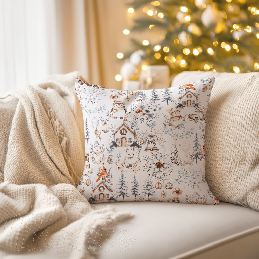 Bavlněný povlak na polštář Sandra SA-708 Zimní pohádka modro-šedo-hnědá na bílém - detail 1 - Biante.cz