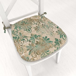 Zamatový oblý podsedák Tamara TMR-049 Hnedo-zelený zámocký vzor na svetlo hnedom - 39x37x3 cm - Biante.sk