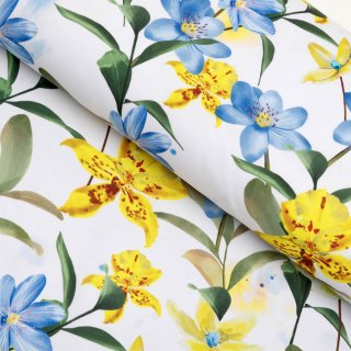 Teflonová látka na ubrusy TF-081 Žluto-modré lilie na bílém - šířka 155 cm - Biante.cz