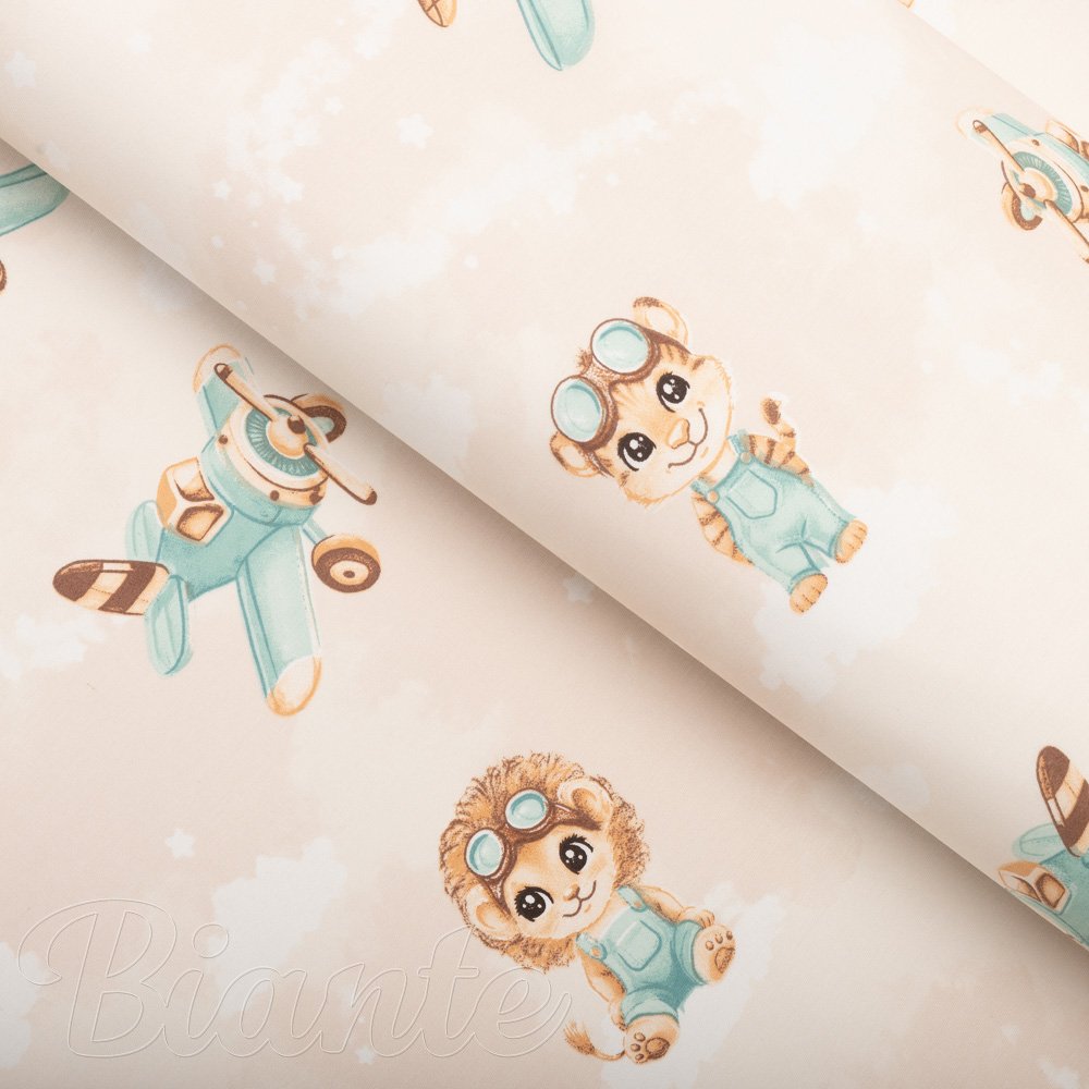Dětská bavlněná látka/plátno Sandra SA-686 Lvíčata s letadýlky na světle béžovém - šířka 160 cm - Biante.cz