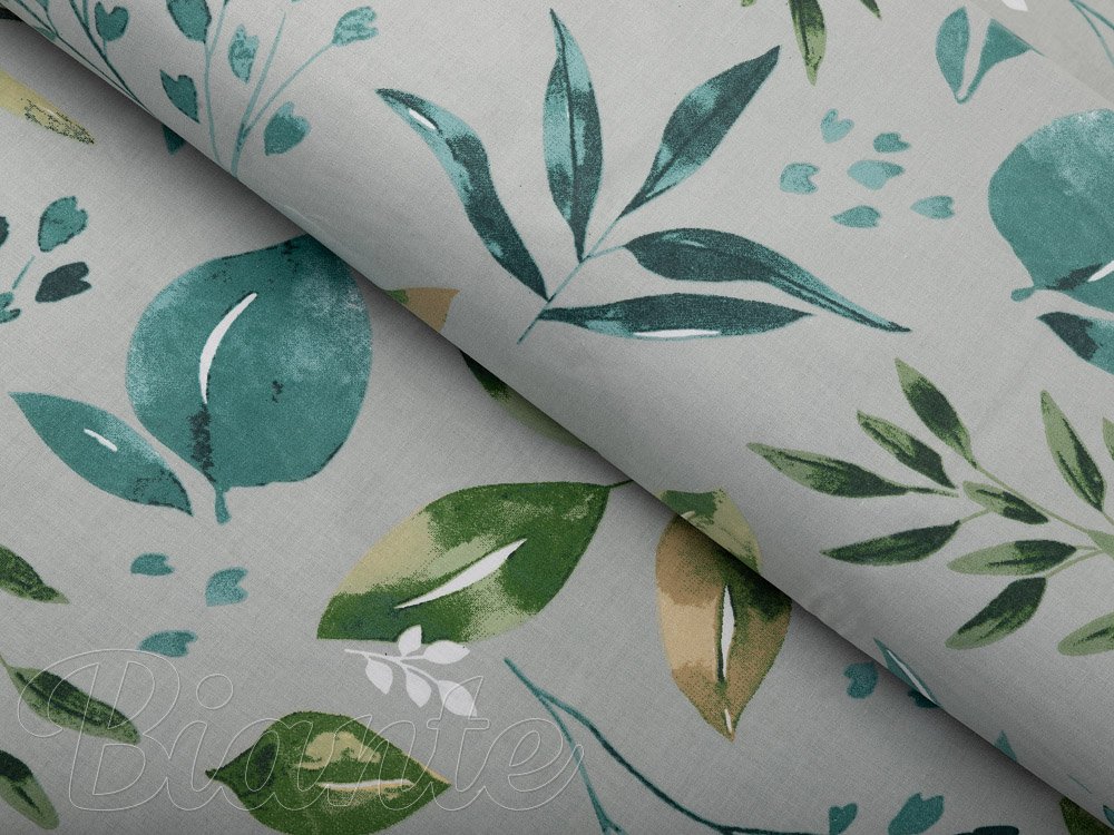 Bavlněná látka/plátno Sandra SA-430 Modro-zelené listy na šedém - šířka 160 cm - Biante.cz