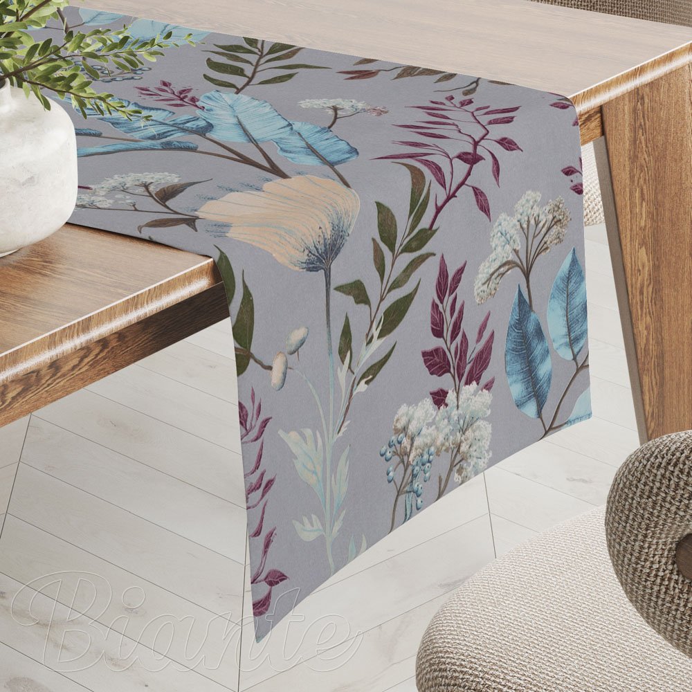 Bavlnený behúň na stôl Sandra SA-621 Jesenné vetvičky na modrosivom - Biante.sk