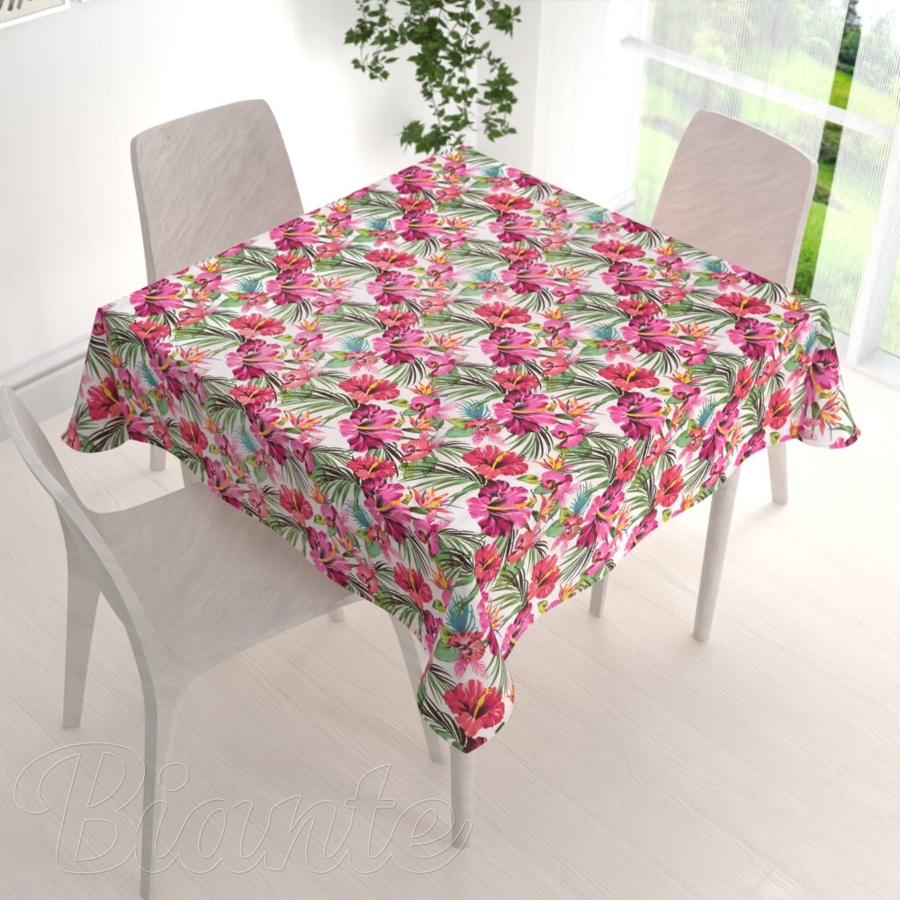 Bavlněný čtvercový ubrus Sandra SA-555 Růžovo-červené havajské květy na bílém - detail 1 - Biante.cz