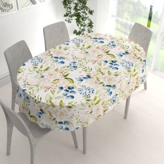 Bavlnený oválny obrus Sandra SA-668 Kvety a modro-zelené listy na bielom - detail 1 - Biante.sk Bavlnený oválny obrus Sandra SA-668 Kvety a modro-zelené listy na bielom - detail 1 - Biante.sk