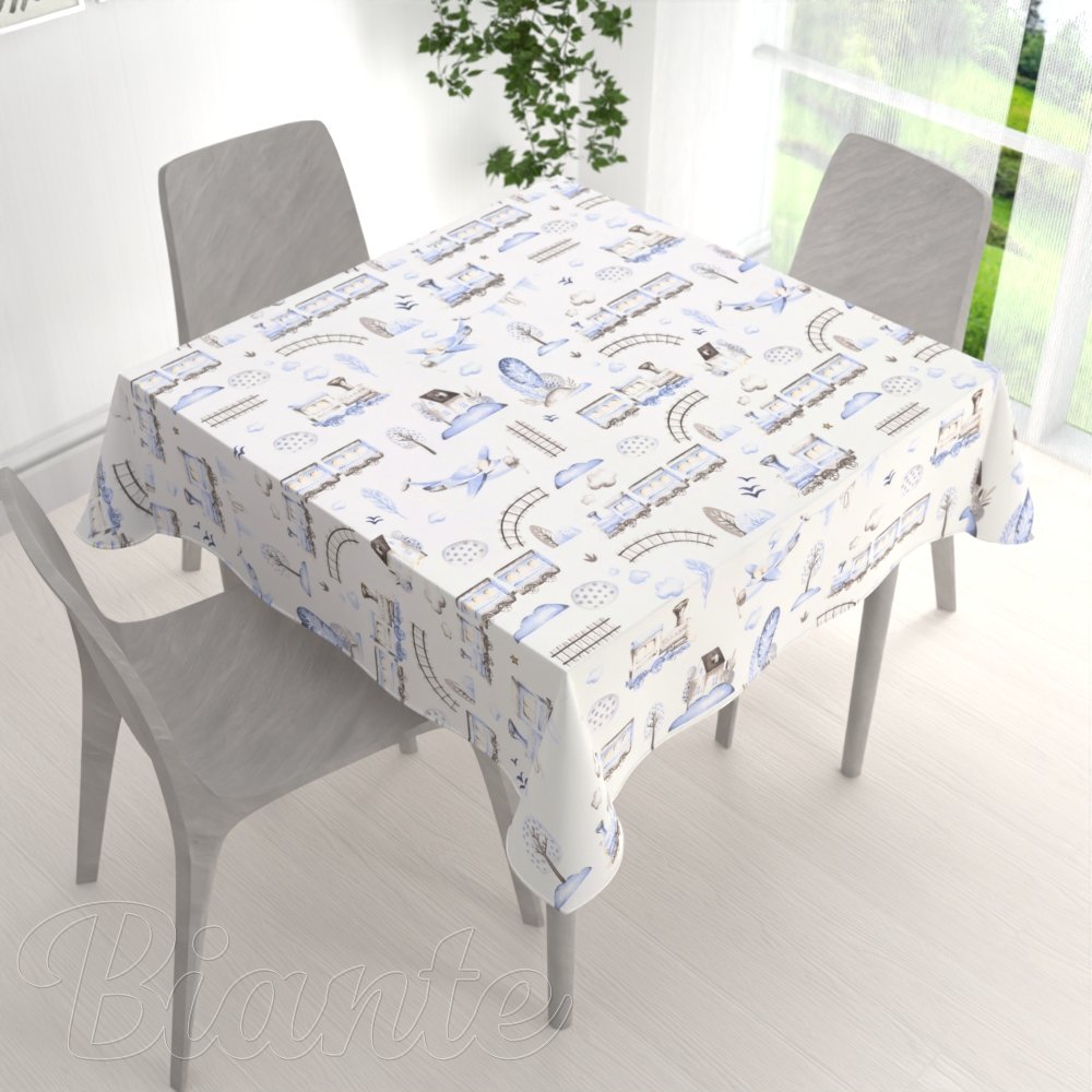 Dětský bavlněný čtvercový ubrus Sandra SA-690 Modré vláčky s letadýlky na bílém - detail 1 - Biante.cz