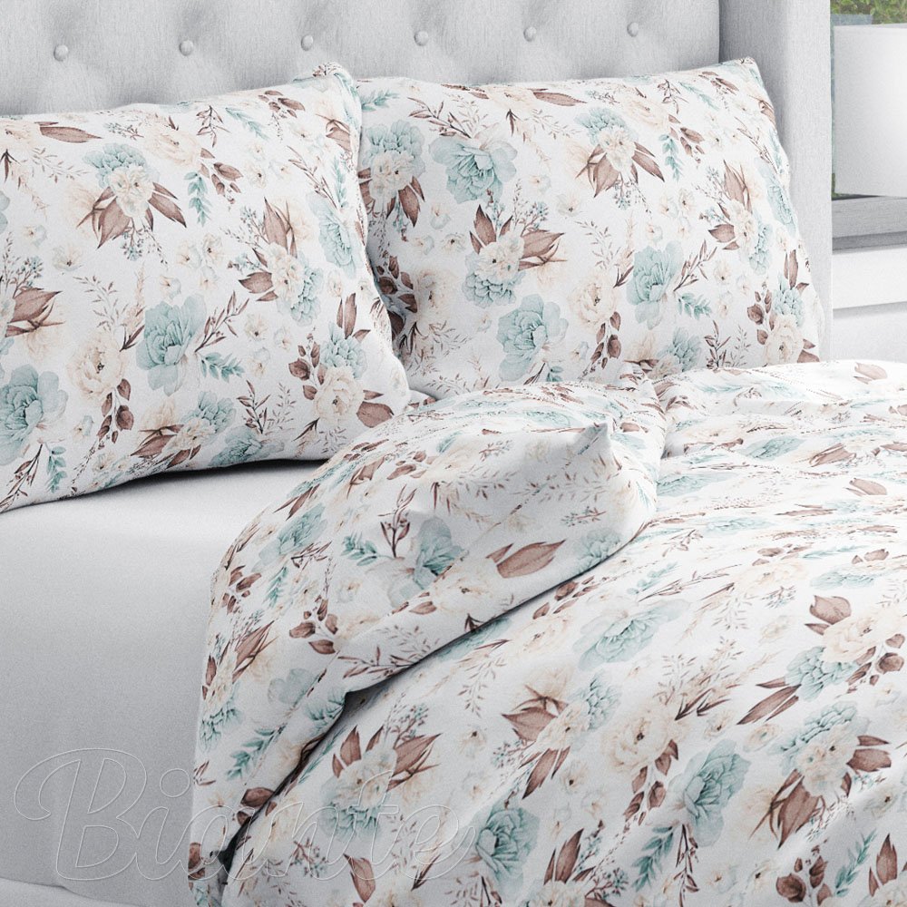 Bavlněné ložní povlečení Sandra SA-451 Žluto-hnědo-mintové růže na bílém - Biante.cz