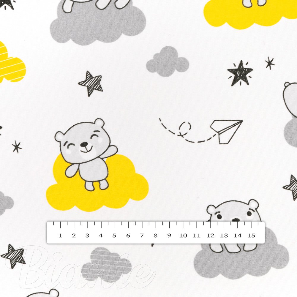 Dětská bavlněná látka/plátno Sandra SA-725 Medvídci na žluto-šedých mráčcích na bílém - šířka 160 cm - detail 3 - Biante.cz