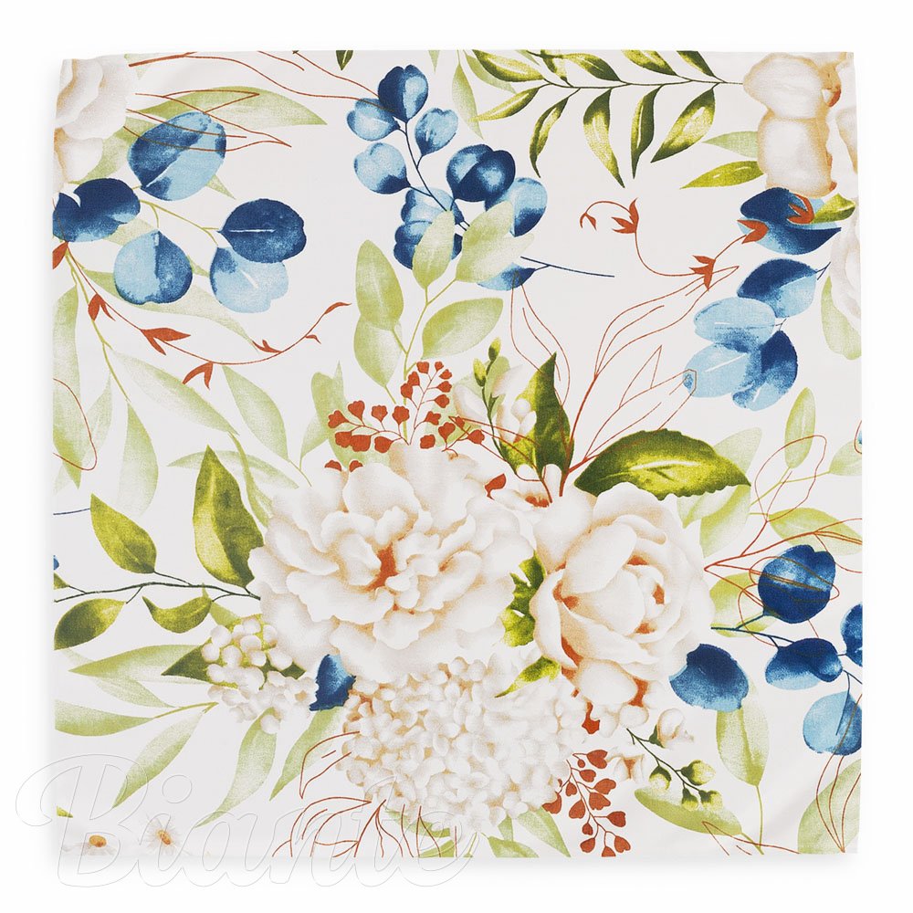 Bavlněný šátek Sandra SA-668 Květy a modro-zelené listy na bílém - detail 2 - Biante.cz