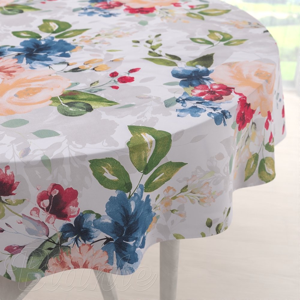 Bavlněný kulatý ubrus Sandra SA-387 Velké žluté a modré květy na bílém - Biante.cz