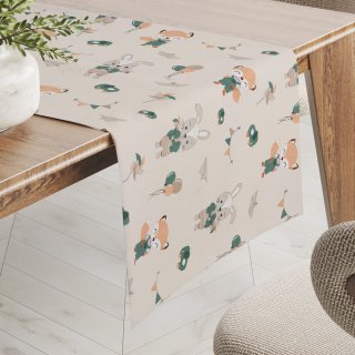 Detský bavlnený behúň na stôl Sandra SA-701 Zajačiky a líšky s balónikmi - zelené na svetlo béžovom - Biante.sk