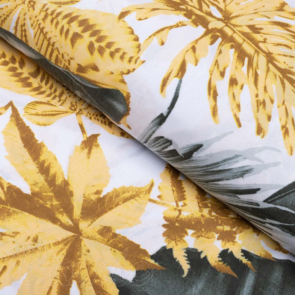 Bavlněná látka/plátno Sandra SA-388 Šedozelené a zlaté tropické listy na bílém - šířka 160 cm a 220 cm - Biante.cz