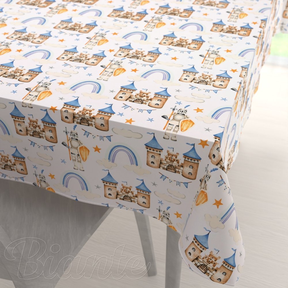 Dětský bavlněný obdélníkový ubrus Sandra SA-666 Modro-hnědé hrady a rytíři na bílém - Biante.cz