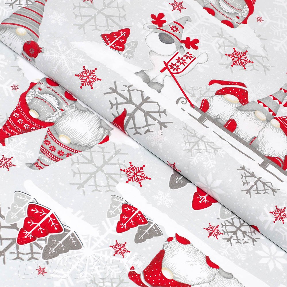 Vánoční bavlněná látka/plátno Sandra SA-133 Červení skřítci na světle šedém - šířka 160 cm - Biante.cz