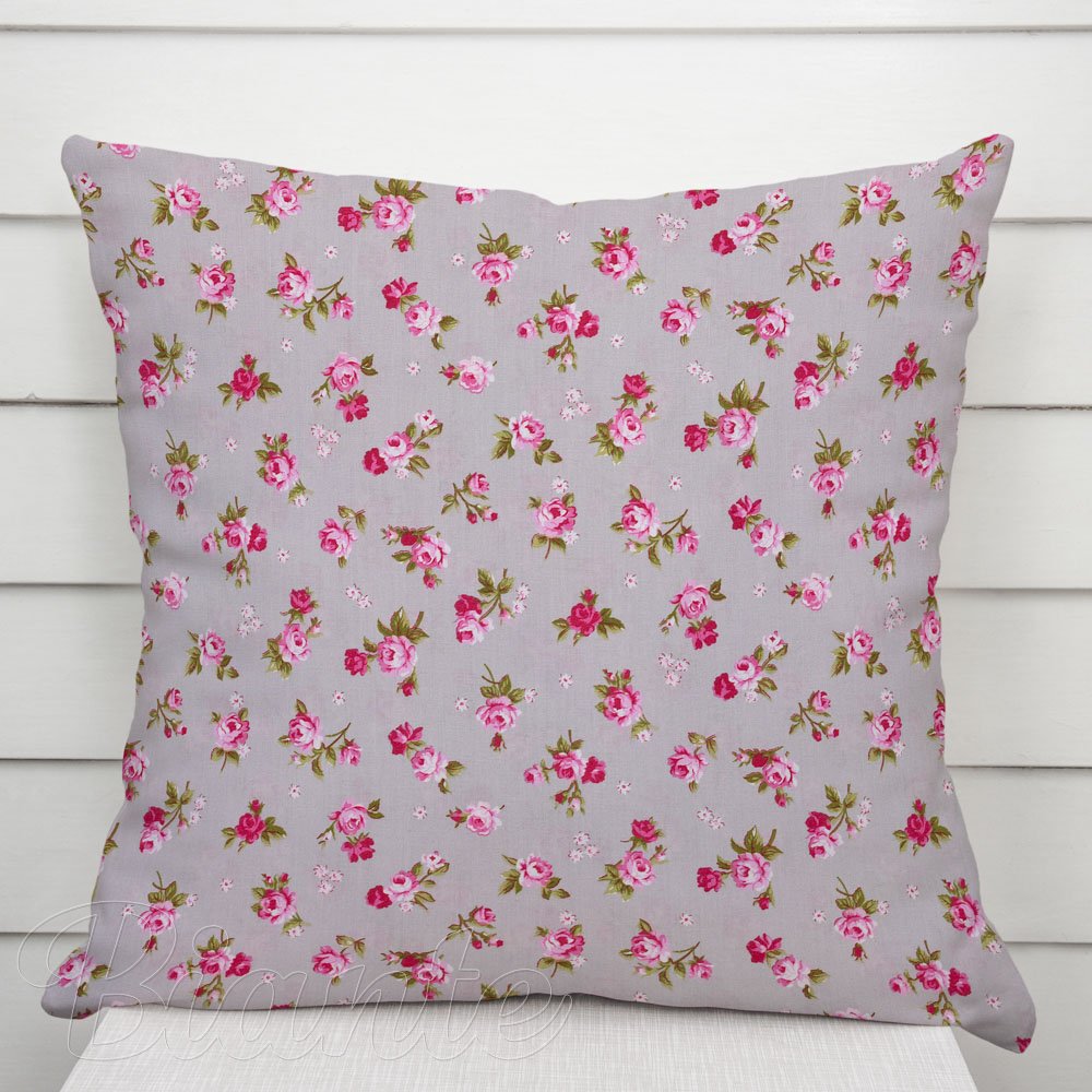Bavlněný povlak na polštář Sandra SA-343 Růžové růžičky na šedém - Biante.cz