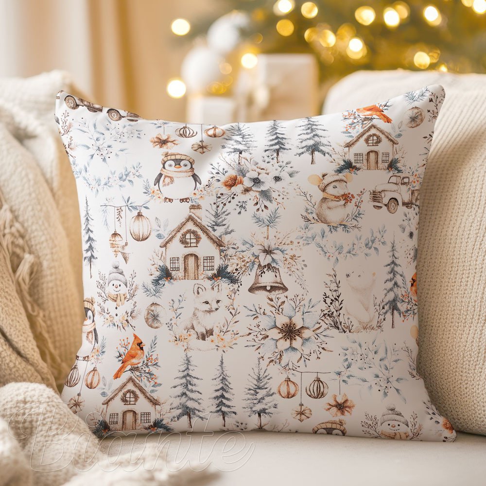 Bavlněný povlak na polštář Sandra SA-708 Zimní pohádka modro-šedo-hnědá na bílém - Biante.cz