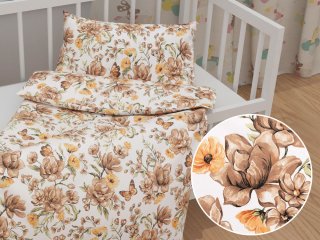Dětské bavlněné povlečení do postýlky Sandra SA-458 Hnědé květy magnolie s motýlky na bílém - Biante.cz Dětské bavlněné povlečení do postýlky Sandra SA-458 Hnědé květy magnolie s motýlky na bílém - Biante.cz
