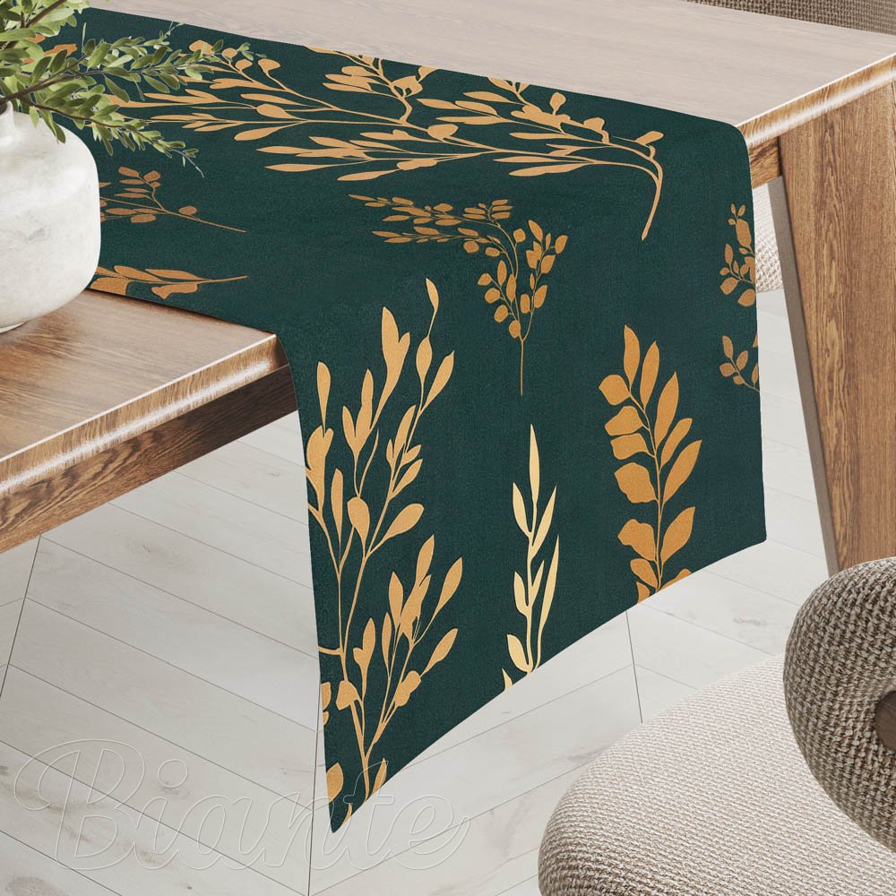 Bavlněný běhoun na stůl Sandra SA-742 Zlaté větvičky s lístky na tmavě zeleném - Biante.cz