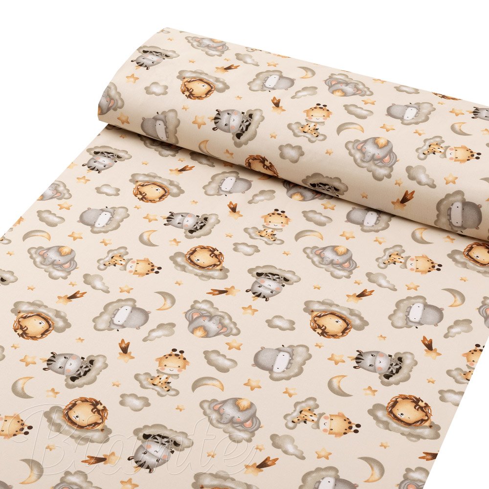 Detská bavlnená látka/plátno Sandra SA-534 Africké zvieratká na obláčikoch na sivobéžovom - šírka 160 cm - detail 1 - Biante.sk