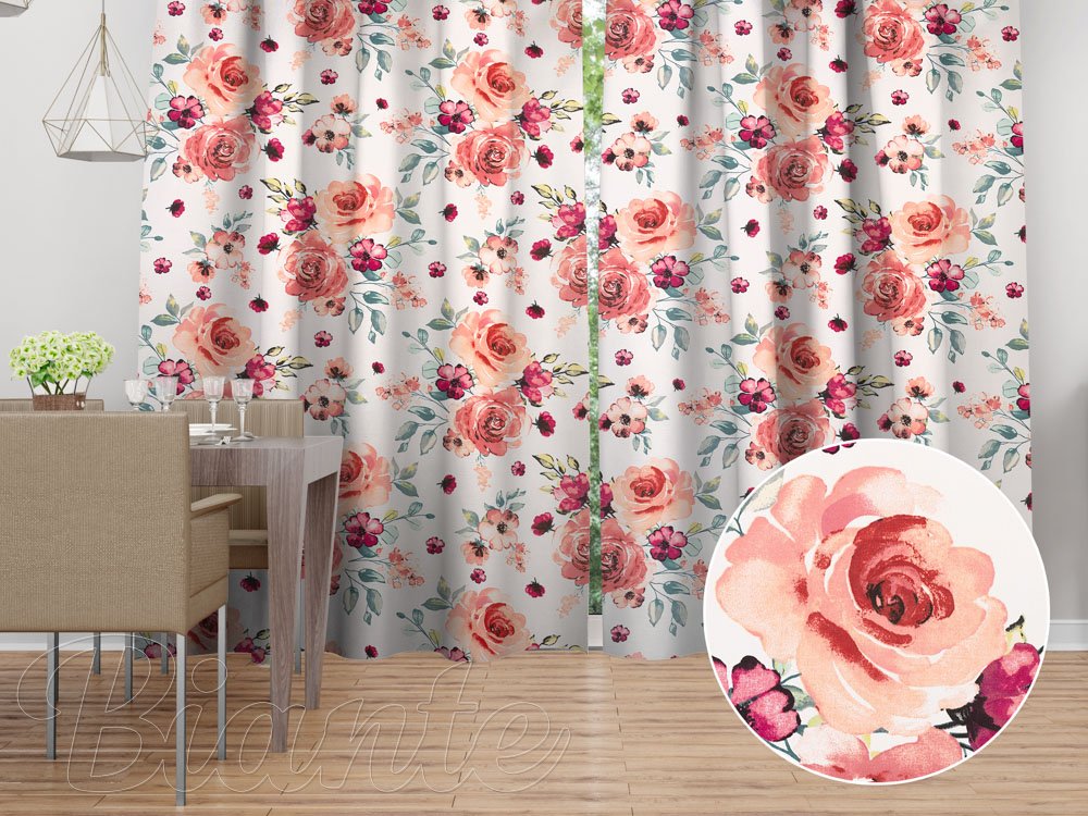 Bavlněný závěs Sandra SA-669 Červeno-růžové akvarelové květy - Biante.cz