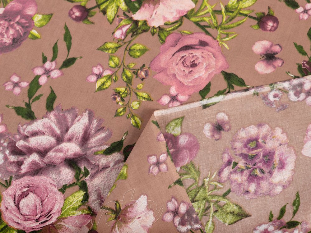 Bavlněná látka/plátno Sandra SA-554 Růže a hortenzie na hnědém - šířka 220 cm - detail 4 - Biante.cz