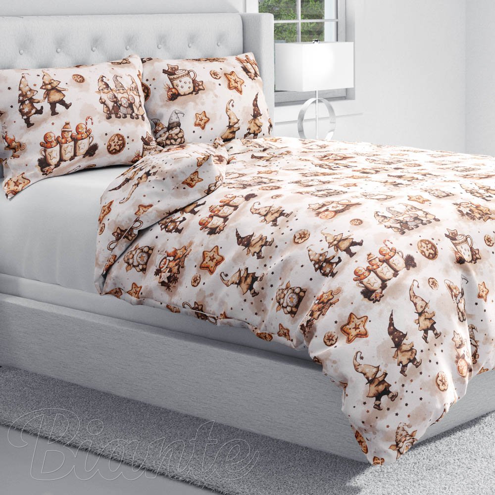 Bavlněné ložní povlečení Sandra SA-663 Hnědí skřítci s perníčky na bílém - detail 1 - Biante.cz