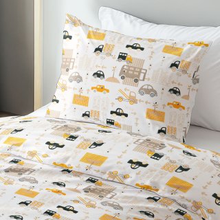 Dětské bavlněné ložní povlečení Sandra SA-672 Žlutá a šedohnědá auta ve městě na bílém - detail 1 - Biante.cz Dětské bavlněné ložní povlečení Sandra SA-672 Žlutá a šedohnědá auta ve městě na bílém - detail 1 - Biante.cz