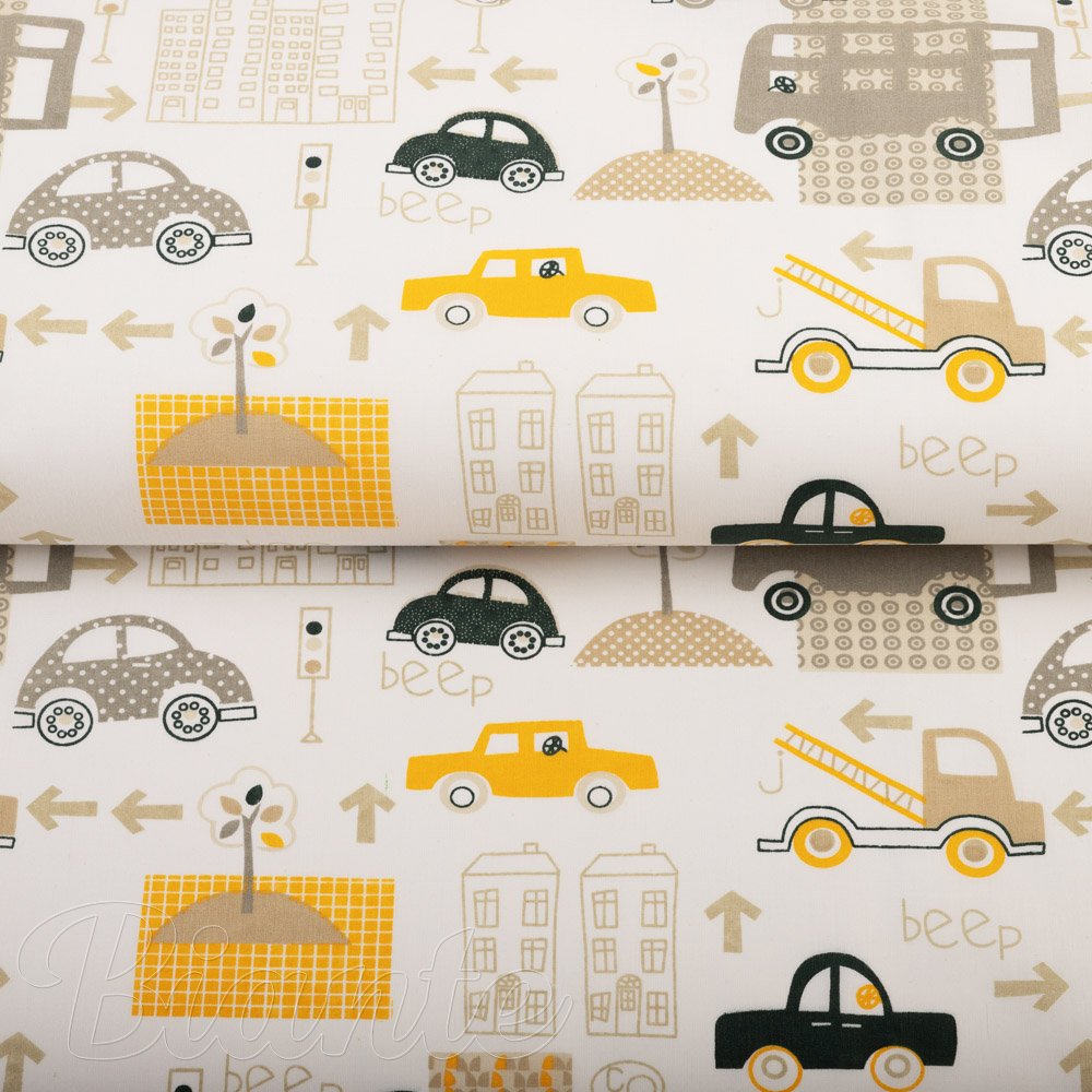 Dětská bavlněná látka/plátno Sandra SA-672 Žlutá a šedohnědá auta ve městě na bílém - šířka 160 cm - detail 2 - Biante.cz