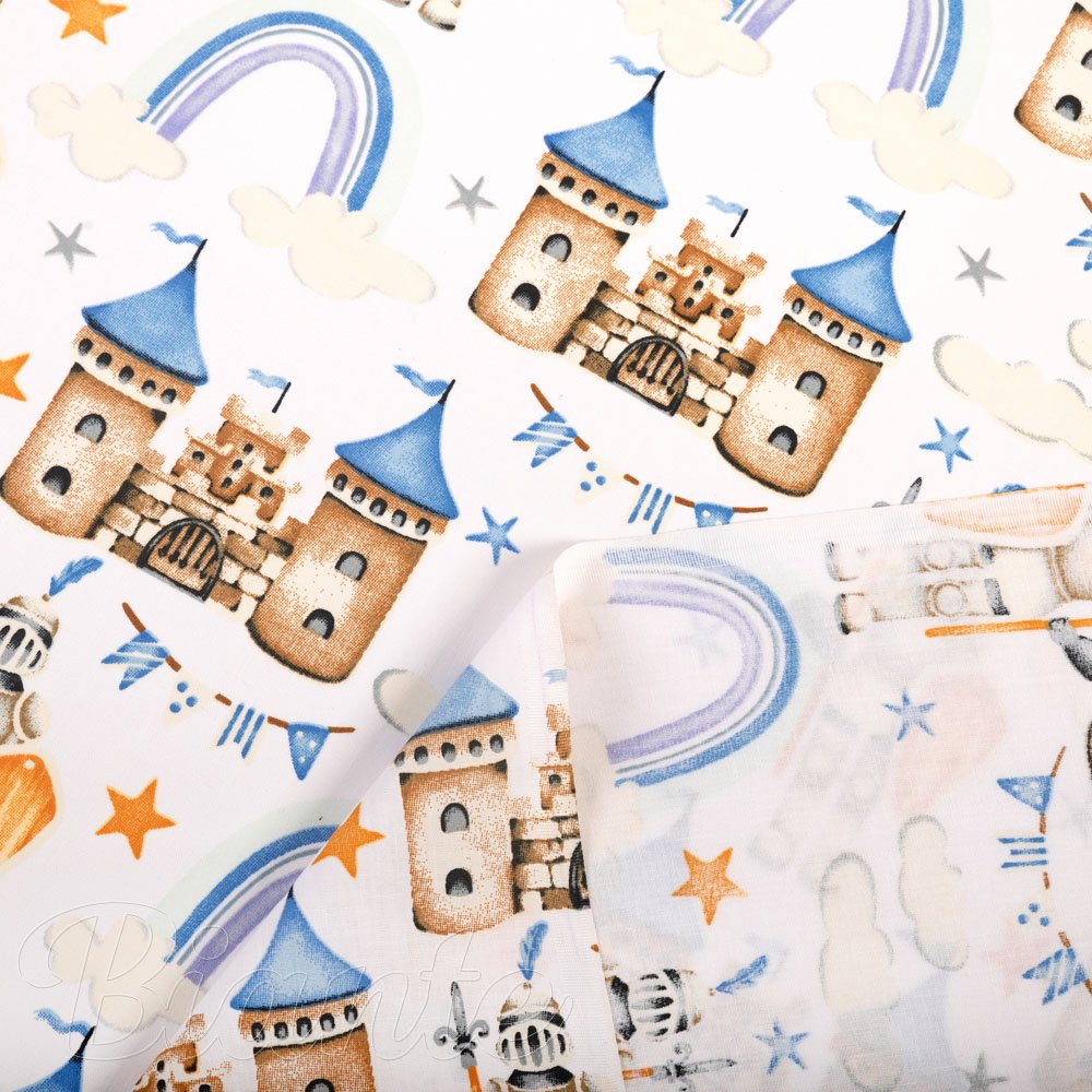 Dětská bavlněná látka/plátno Sandra SA-666 Modro-hnědé hrady a rytíři na bílém - šířka 160 cm - detail 3 - Biante.cz