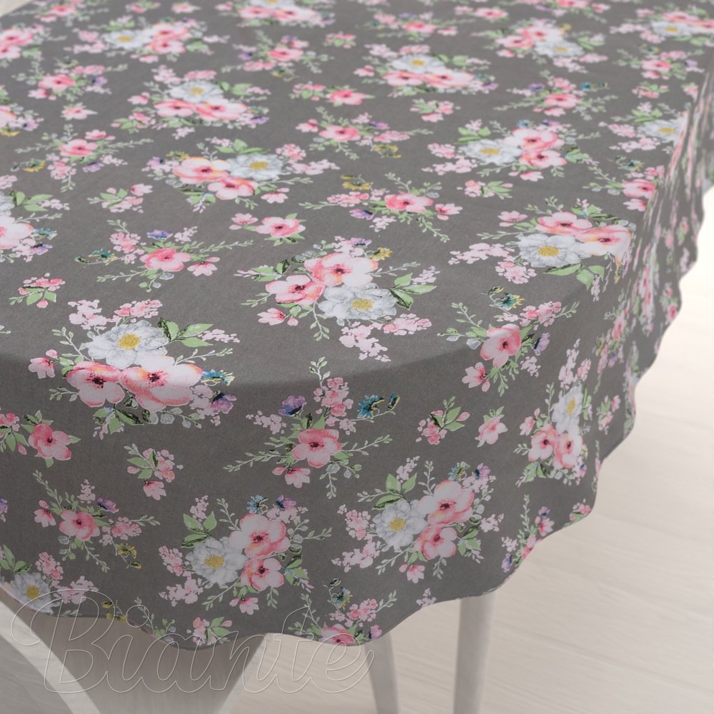 Bavlněný oválný ubrus Sandra SA-553 Růžové květiny na šedém - Biante.cz