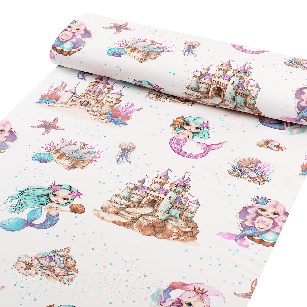 Detská bavlnená látka/plátno Sandra SA-567 Morské víly a kráľovstvo na bielom - šírka 160 cm - detail 1 - Biante.sk