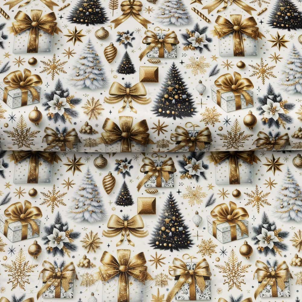 Látka polyesterový satén LUP-507 Vánoční stromky s dárky - šířka 145 cm - detail 4 - Biante.cz