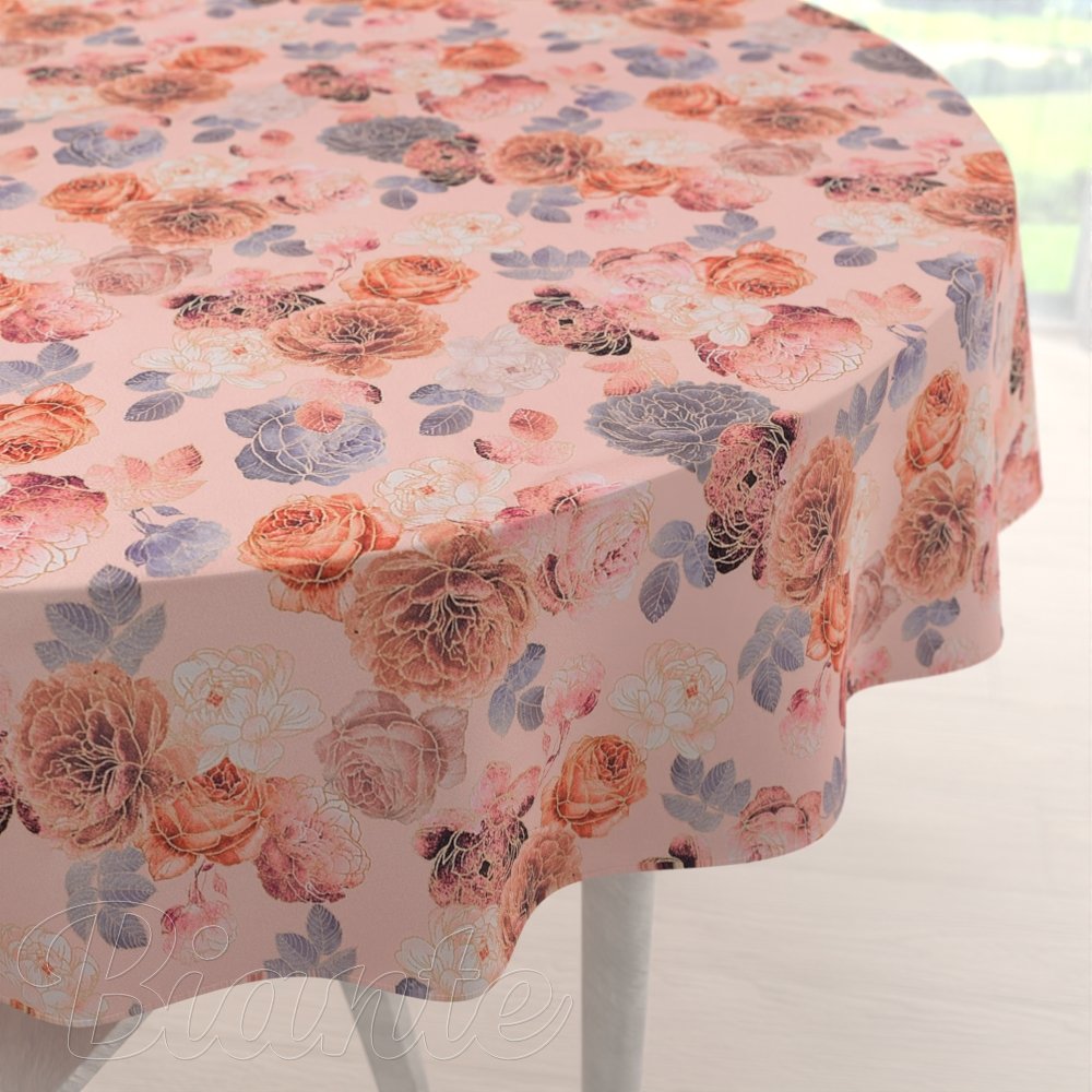 Teflonový kulatý ubrus TF-062 Růže na lososově růžovém - Biante.cz