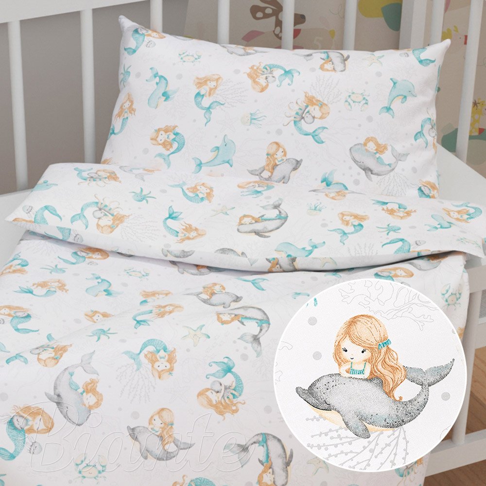 Dětské bavlněné povlečení do postýlky Sandra SA-691 Modrozelené mořské panny s delfíny a velrybami na bílém - Biante.cz