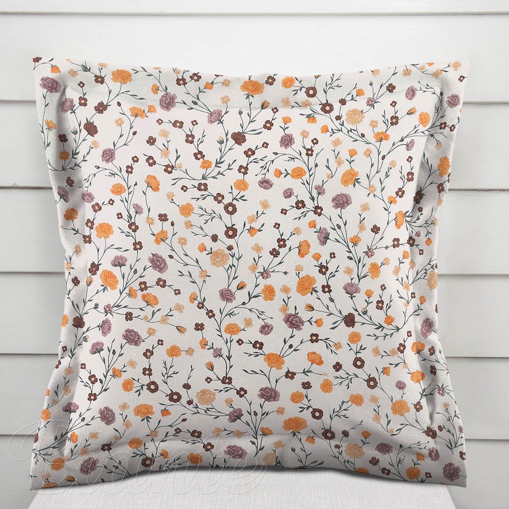 Bavlněný povlak na polštář s lemem Sandra SA-720 Oranžovo-hnědo-béžové drobné květiny na smetanovém - Biante.cz
