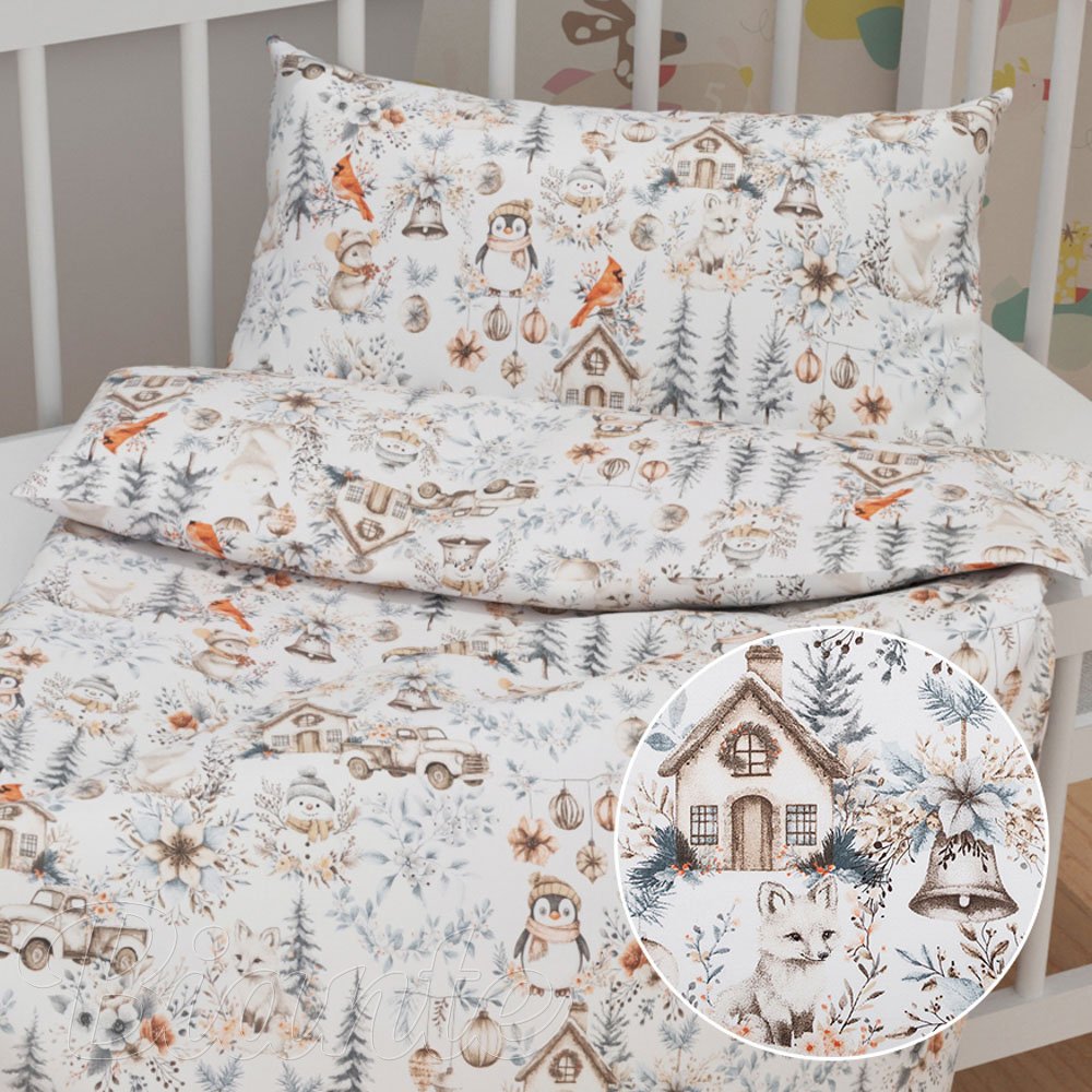 Dětské bavlněné povlečení do postýlky Sandra SA-708 Zimní pohádka modro-šedo-hnědá na bílém - Biante.cz