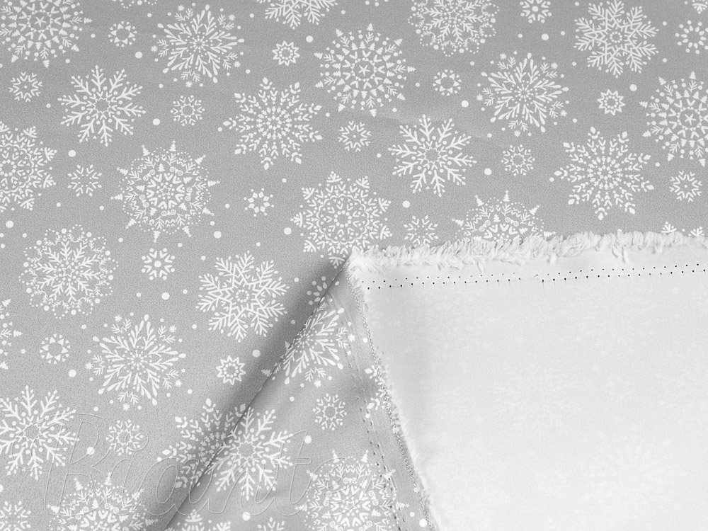 Látka polyesterový satén LUP-504 Sněhové vločky na stříbrném - šířka 145 cm - detail 6 - Biante.cz