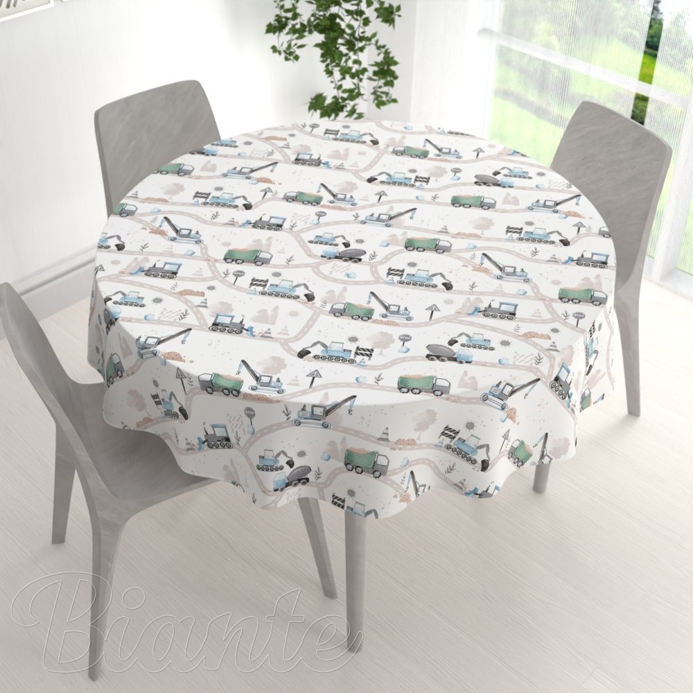 Dětský bavlněný kulatý ubrus Sandra SA-687 Modro-zelená auta a bagry na bílém - detail 1 - Biante.cz