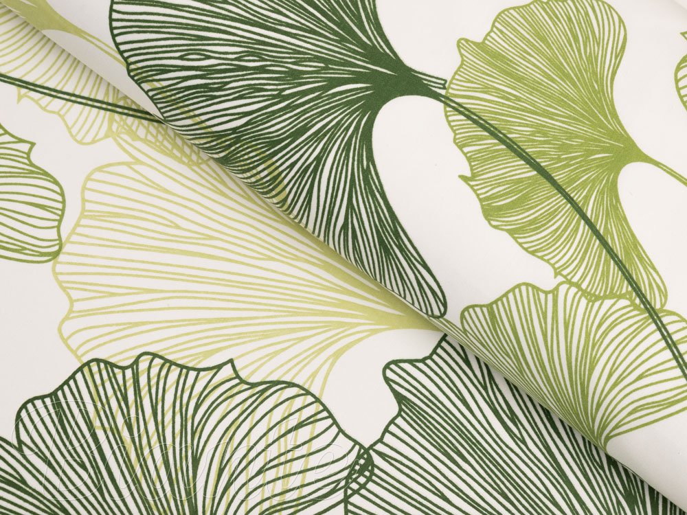 Bavlněná látka/plátno Sandra SA-576 Zelené Ginkgo listy na bílém - šířka 160 cm - Biante.cz