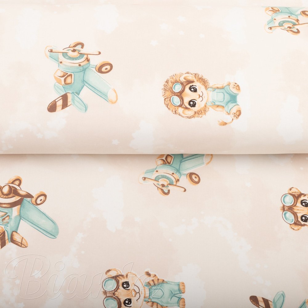 Dětská bavlněná látka/plátno Sandra SA-686 Lvíčata s letadýlky na světle béžovém - šířka 160 cm - detail 2 - Biante.cz