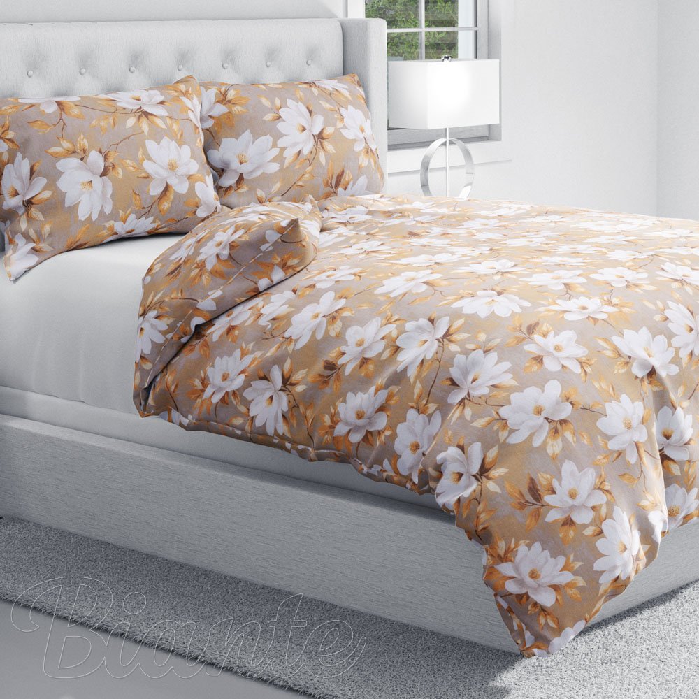 Bavlnené posteľné obliečky Sandra SA-717 Biele kvety magnólie na hnedosivom - detail 1 - Biante.sk