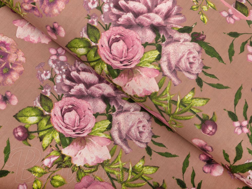 Bavlněná látka/plátno Sandra SA-554 Růže a hortenzie na hnědém - šířka 220 cm - Biante.cz