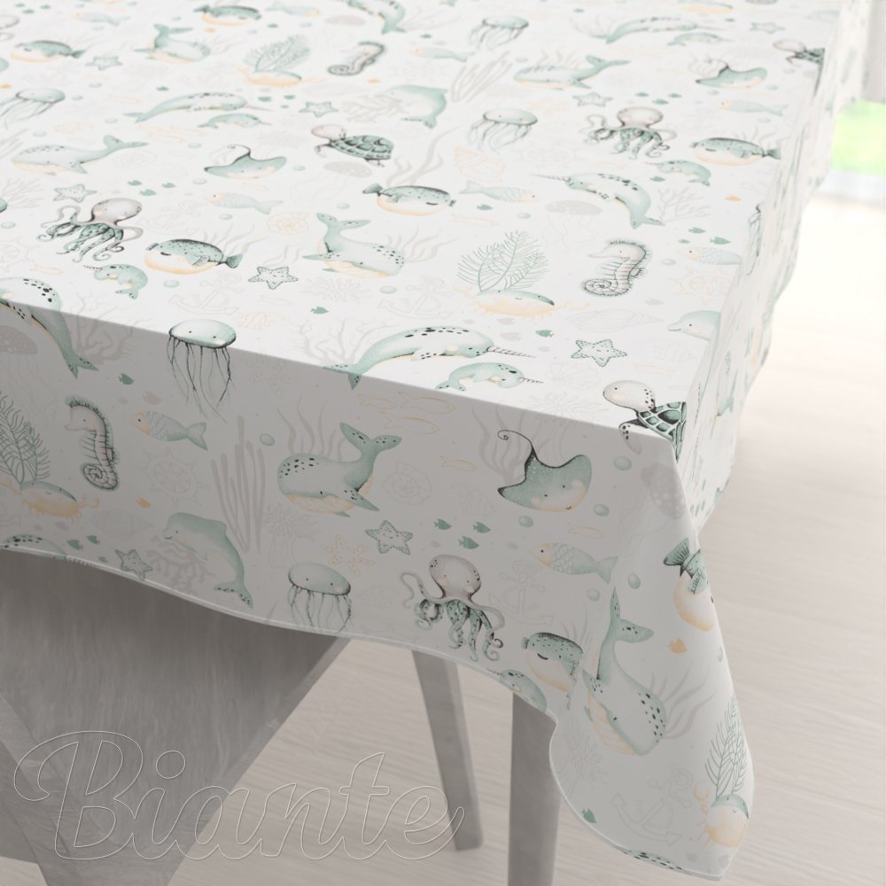 Dětský bavlněný obdélníkový ubrus Sandra SA-688 Mořský svět zelený na bílém - Biante.cz