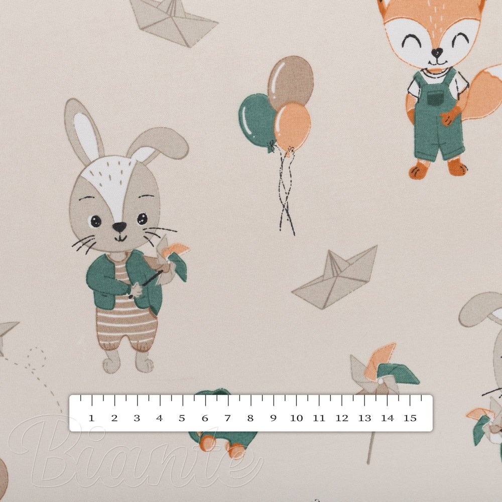 Dětská bavlněná látka/plátno Sandra SA-701 Zajíčci a lišky s balónky - zelené na světle béžovém - šířka 160 cm - detail 3 - Biante.cz