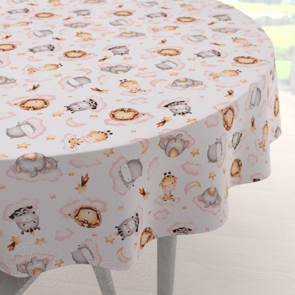 Dětský bavlněný kulatý ubrus Sandra SA-658 Africká zvířátka na růžových obláčcích na bílém - Biante.cz