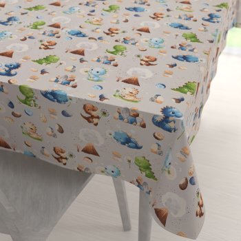 Dětský bavlněný obdélníkový ubrus Sandra SA-656 Modro-zeleno-hnědí dinosauříci na světle šedém - Biante.cz