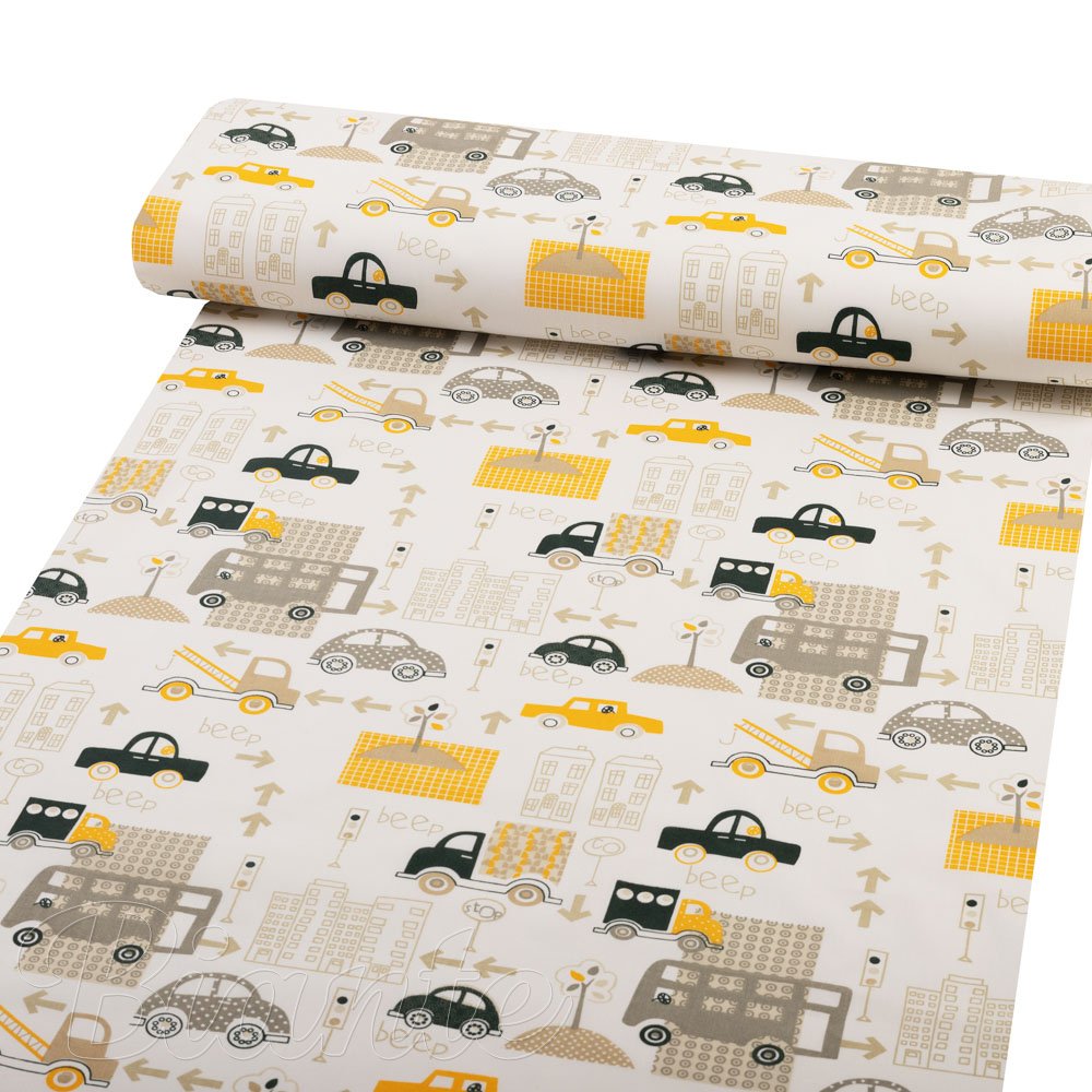Dětská bavlněná látka/plátno Sandra SA-672 Žlutá a šedohnědá auta ve městě na bílém - šířka 160 cm - detail 1 - Biante.cz