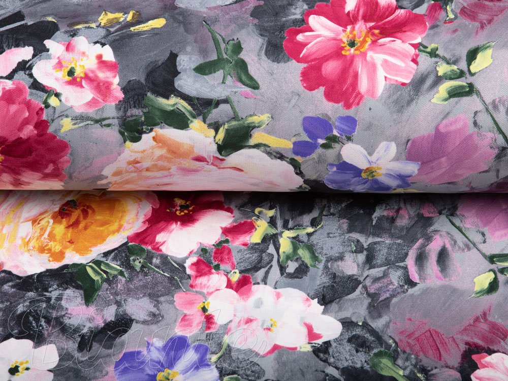 Dekorační látka PM-020 Malované květy na šedém - šířka 150 cm - detail 4 - Biante.cz