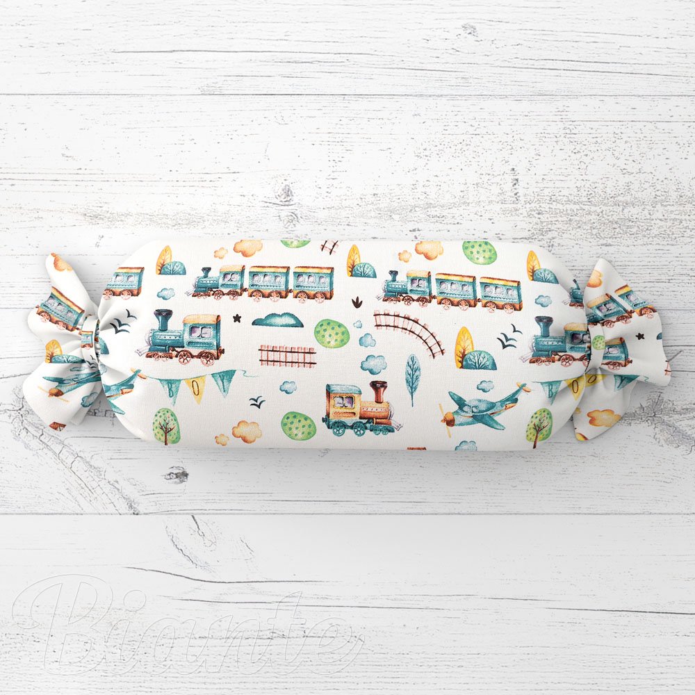 Dětský polštář válec bonbon Sandra SA-659 Modrozelené vláčky s letadýlky na bílém - Biante.cz