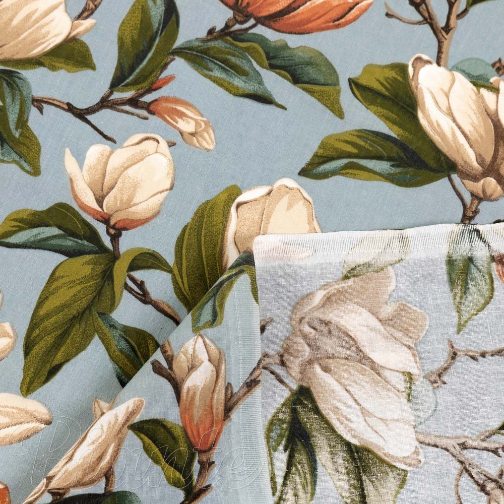 Bavlněná látka/plátno Sandra SA-545 Květy magnolie na šedomodrém - šířka 160 cm - detail 4 - Biante.cz